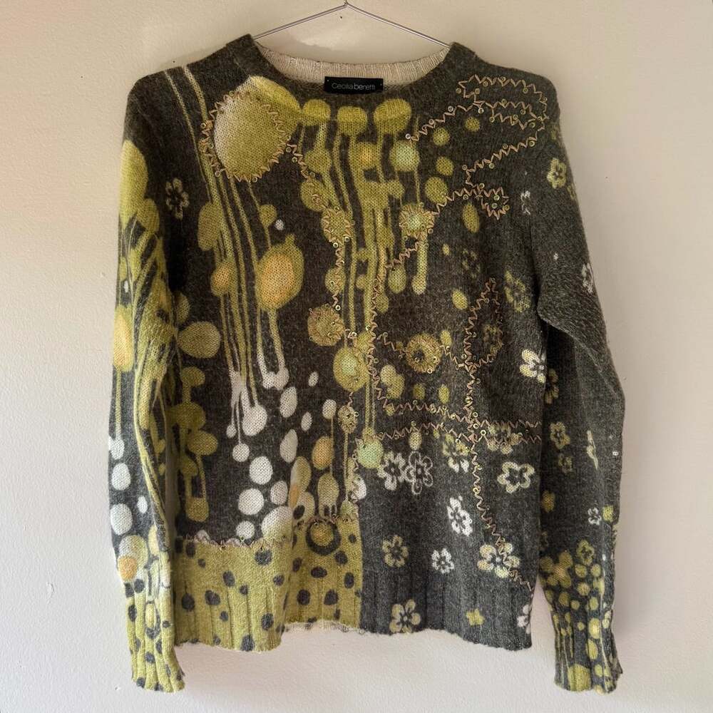 Vintage Euro Cecilia Benetti Graphic Sweater Green Grey Sequins